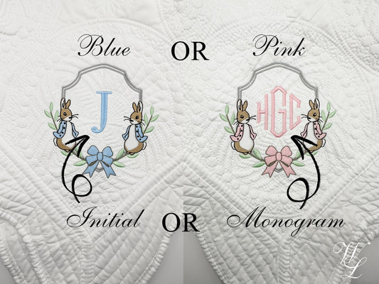 Personalized Peter Rabbit Heirloom Quilt Blanket, Custom Baby Shower Gift for New Mom, Embroidered Monogram, Beatrix Potter Nursery Girl Boy