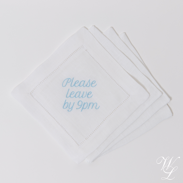 Please Leave by 9pm Embroidered Cocktail Napkins, Set of 4