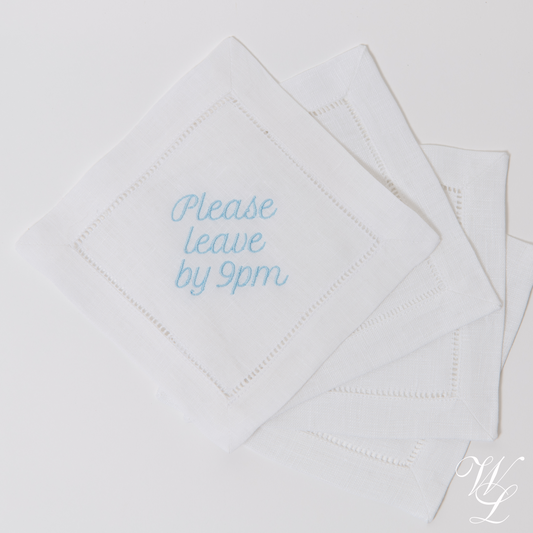 Please Leave by 9pm Embroidered Cocktail Napkins, Set of 4