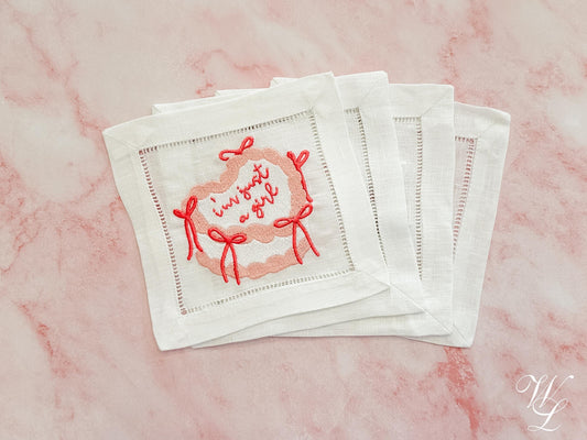 I’m Just a Girl Cake Embroidered Linen Cocktail Napkins, Preppy, Girls Night, Coquette Bar Cart Coasters, Chic Hostess Gift, Gift for Her