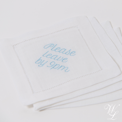 Please Leave by 9pm Embroidered Cocktail Napkins, Set of 4