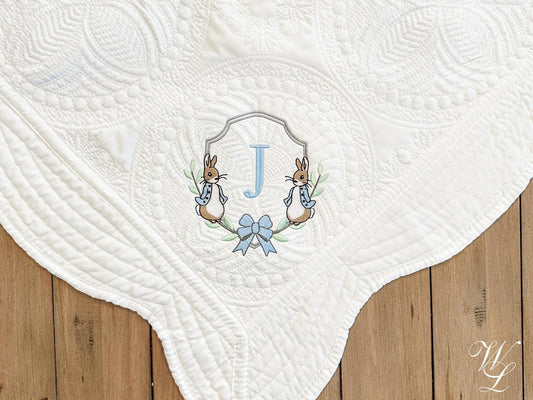 Personalized Peter Rabbit Heirloom Quilt Blanket, Custom Baby Shower Gift for New Mom, Embroidered Monogram, Beatrix Potter Nursery Girl Boy