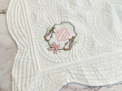 Personalized Peter Rabbit Heirloom Quilt Blanket, Custom Baby Shower Gift for New Mom, Embroidered Monogram, Beatrix Potter Nursery Girl Boy
