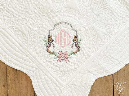 Personalized Peter Rabbit Heirloom Quilt Blanket, Custom Baby Shower Gift for New Mom, Embroidered Monogram, Beatrix Potter Nursery Girl Boy