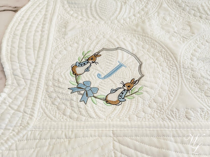 Personalized Peter Rabbit Heirloom Quilt Blanket, Custom Baby Shower Gift for New Mom, Embroidered Monogram, Beatrix Potter Nursery Girl Boy