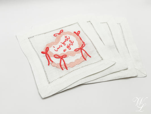I’m Just a Girl Cake Embroidered Linen Cocktail Napkins, Preppy, Girls Night, Coquette Bar Cart Coasters, Chic Hostess Gift, Gift for Her