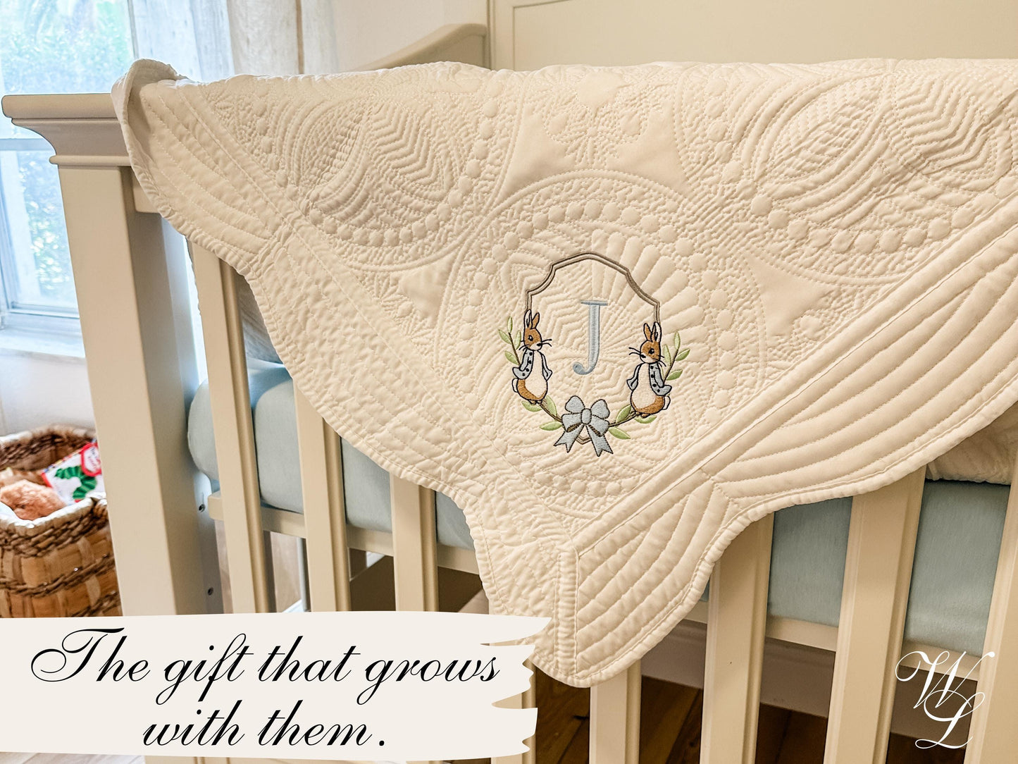 Personalized Peter Rabbit Heirloom Quilt Blanket, Custom Baby Shower Gift for New Mom, Embroidered Monogram, Beatrix Potter Nursery Girl Boy