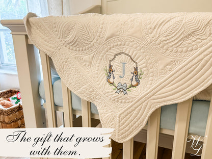 Personalized Peter Rabbit Heirloom Quilt Blanket, Custom Baby Shower Gift for New Mom, Embroidered Monogram, Beatrix Potter Nursery Girl Boy