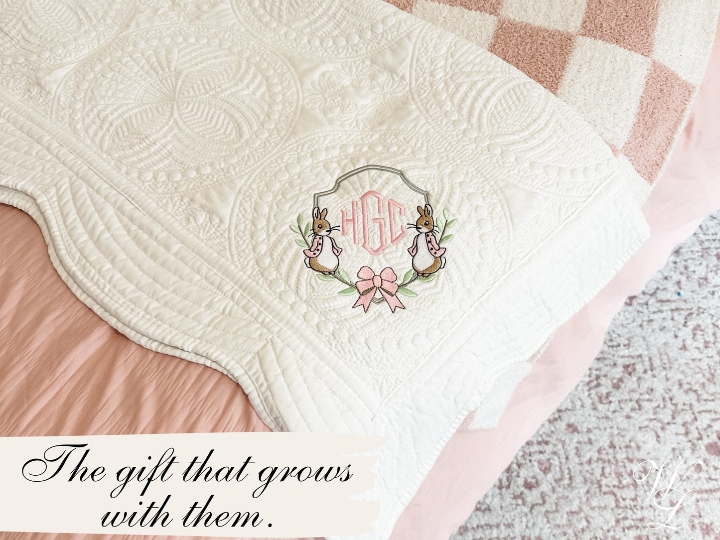 Personalized Peter Rabbit Heirloom Quilt Blanket, Custom Baby Shower Gift for New Mom, Embroidered Monogram, Beatrix Potter Nursery Girl Boy