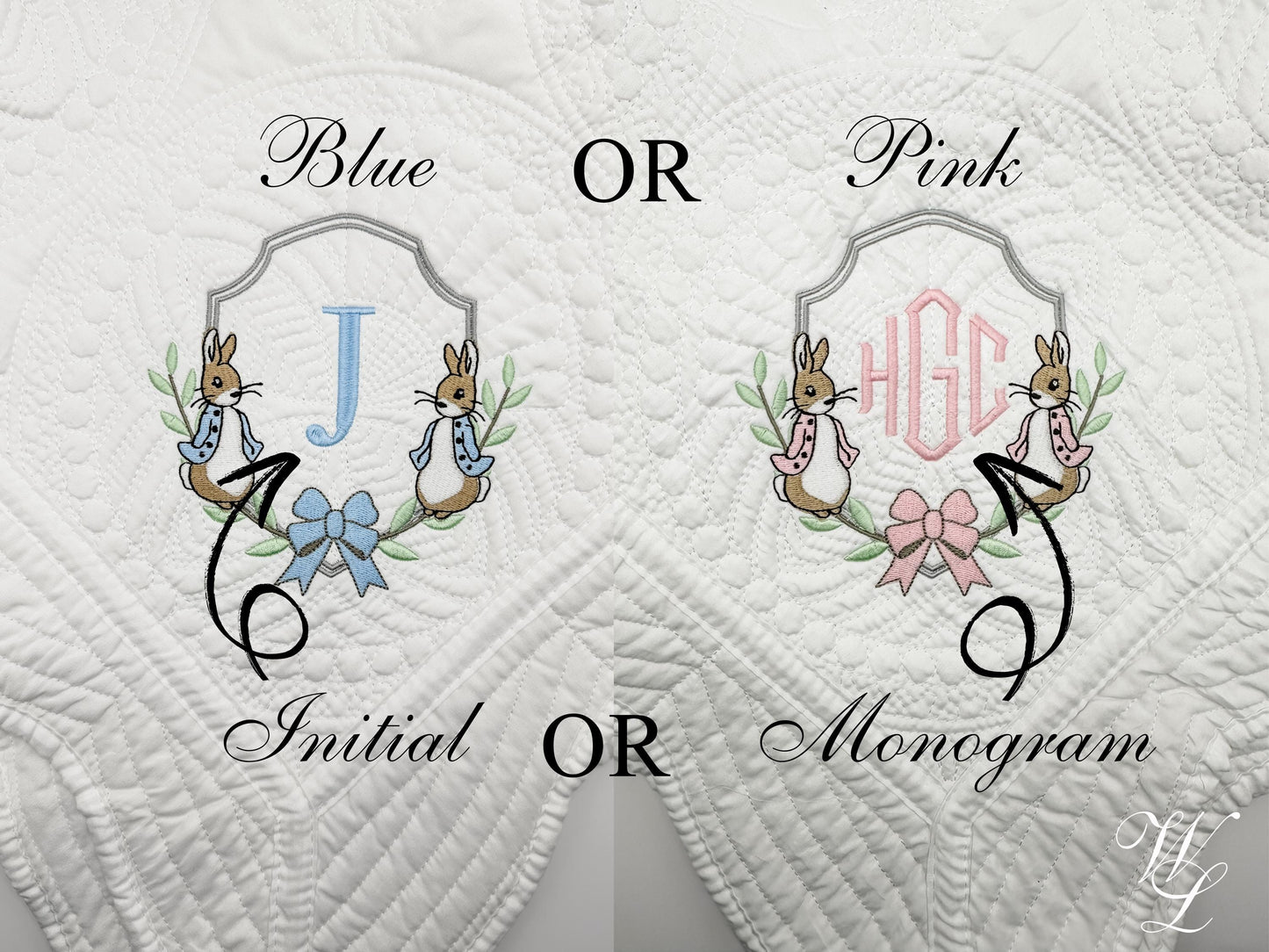 Personalized Peter Rabbit Heirloom Quilt Blanket, Custom Baby Shower Gift for New Mom, Embroidered Monogram, Beatrix Potter Nursery Girl Boy